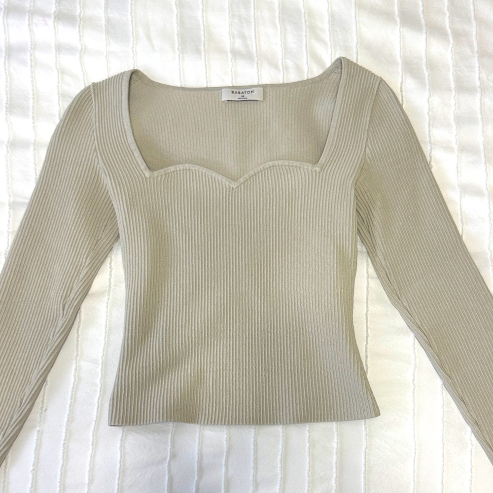 Aritzia Babaton Beige Sculpt Knit Square Neck Long Sleeve XS